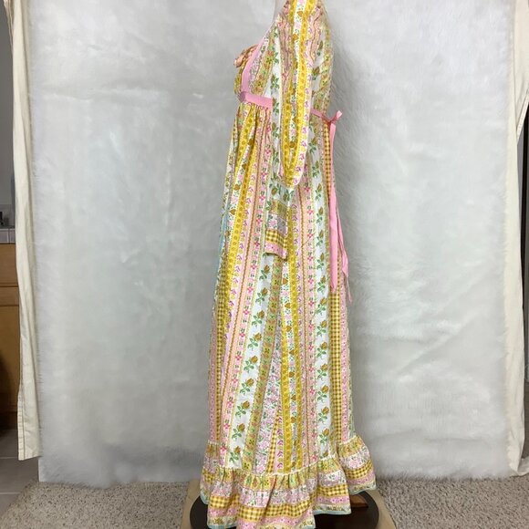 Vintage 70s Yellow, Pink, White Floral Hearts Long Sleeve Peasant  Dress - Picture 3 of 7